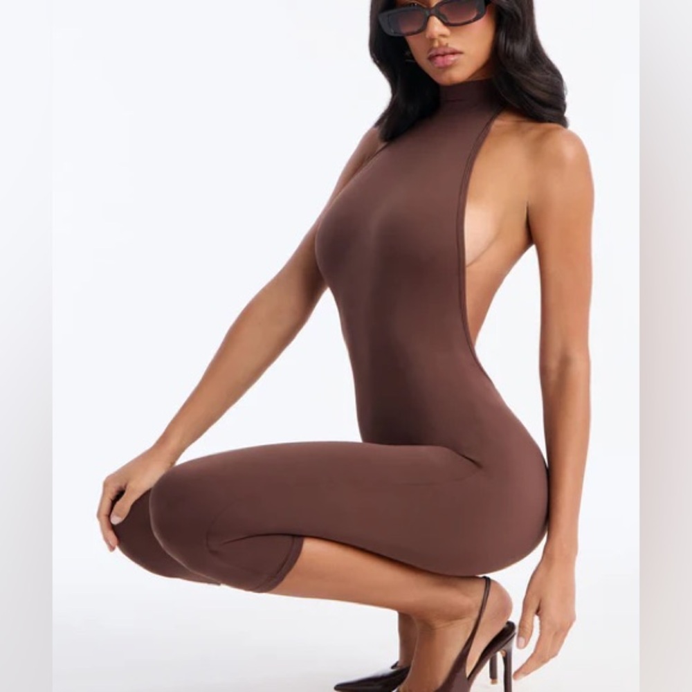 (NEW W/ TAG) High Neck Backless Capri Catsuit - Chocolate